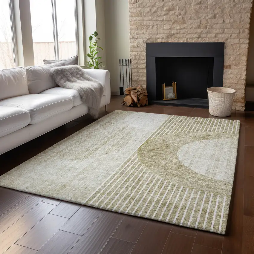 Taupe And Beige Geometric Washable Area Rug With UV Protection Photo 5