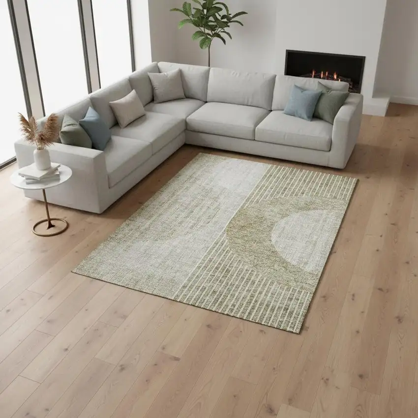 Taupe And Beige Geometric Washable Area Rug With UV Protection Photo 1