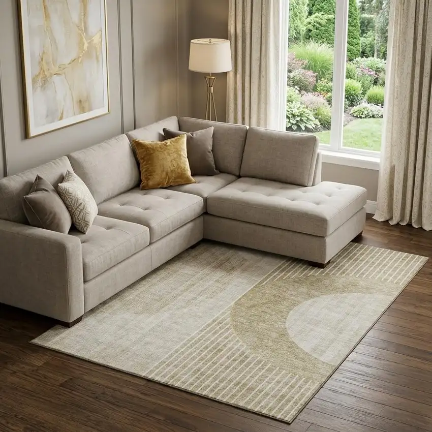Taupe And Beige Geometric Washable Area Rug With UV Protection Photo 1