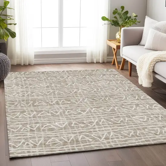 Taupe And Beige Geometric Washable Area Rug With UV Protection Photo 4