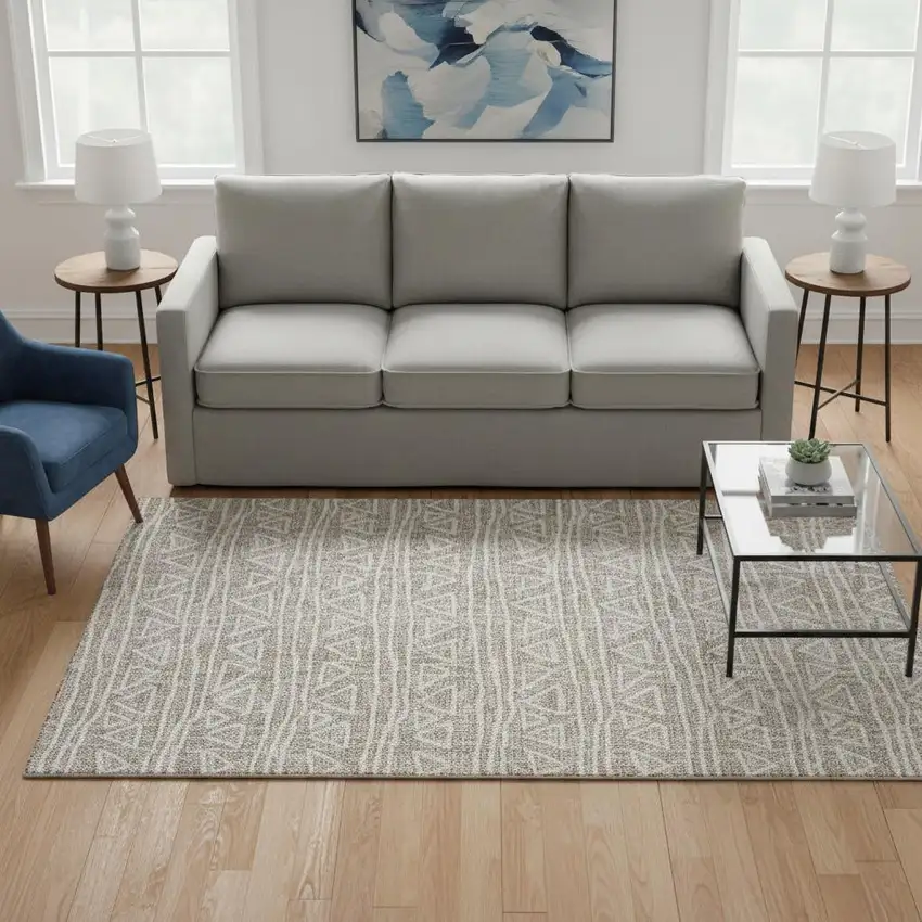 Taupe And Beige Geometric Washable Area Rug With UV Protection Photo 2