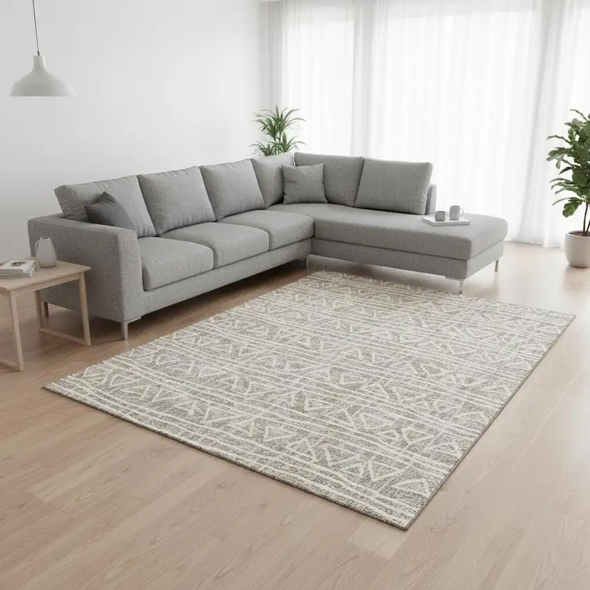 Taupe And Beige Geometric Washable Area Rug With UV Protection Photo 2
