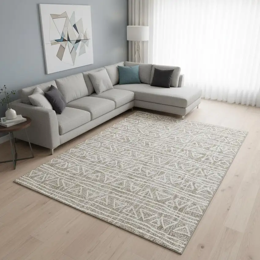 Taupe And Beige Geometric Washable Area Rug With UV Protection Photo 2
