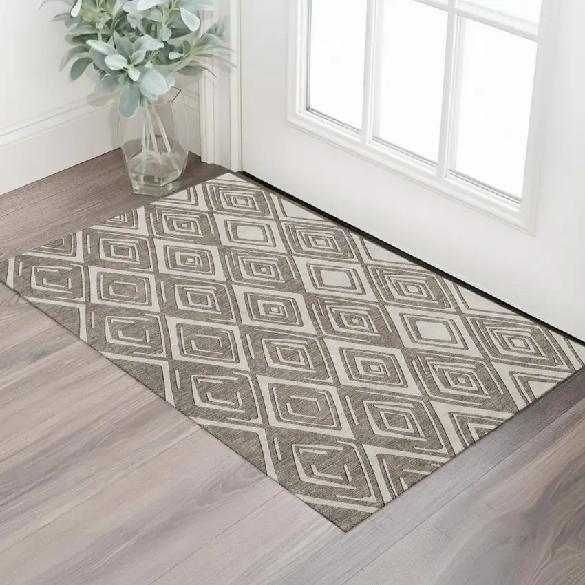Taupe And Beige Geometric Washable Area Rug With UV Protection Photo 1