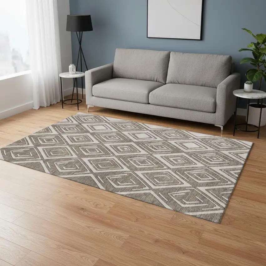 Taupe And Beige Geometric Washable Area Rug With UV Protection Photo 1