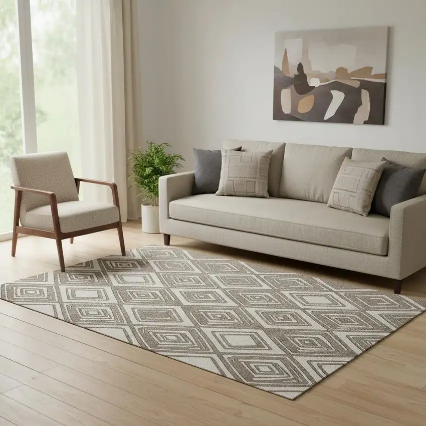 Taupe And Beige Geometric Washable Area Rug With UV Protection Photo 1