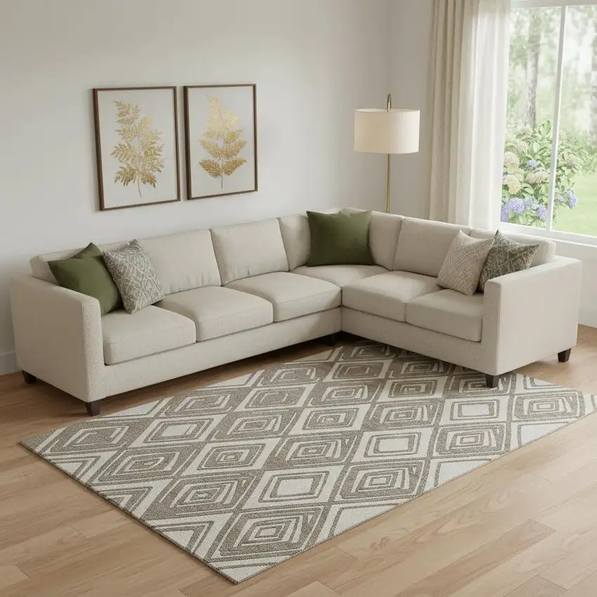 Taupe And Beige Geometric Washable Area Rug With UV Protection Photo 1