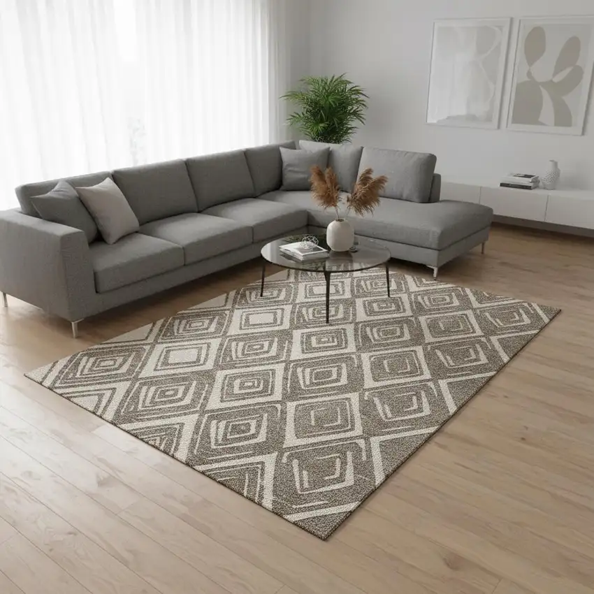 Taupe And Beige Geometric Washable Area Rug With UV Protection Photo 1