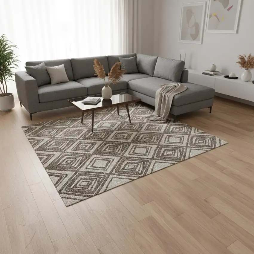 Taupe And Beige Geometric Washable Area Rug With UV Protection Photo 1