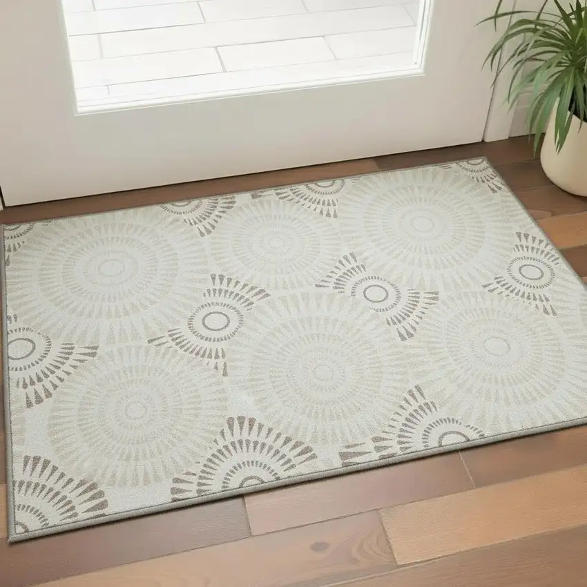 Taupe And Beige Geometric Washable Area Rug With UV Protection Photo 2