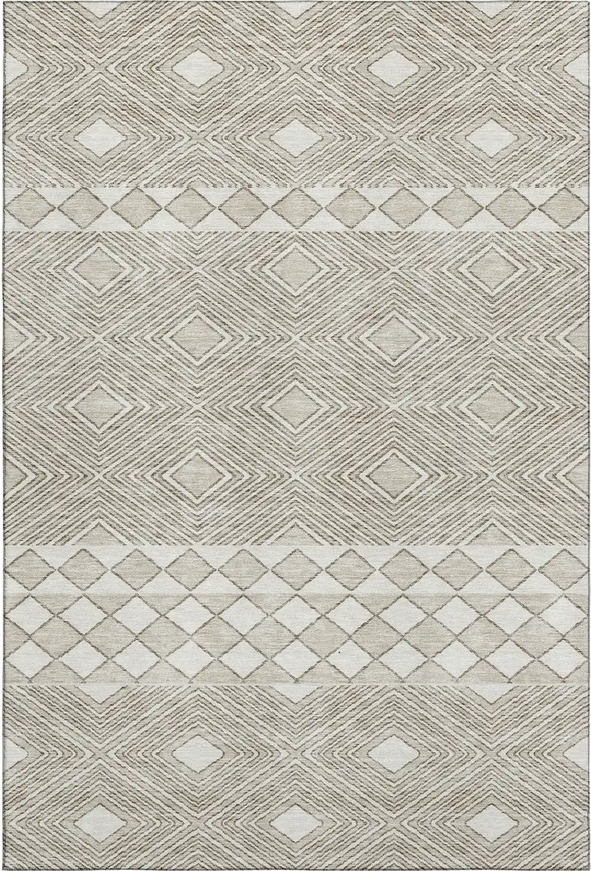 Taupe And Beige Geometric Washable Area Rug With UV Protection Photo 1