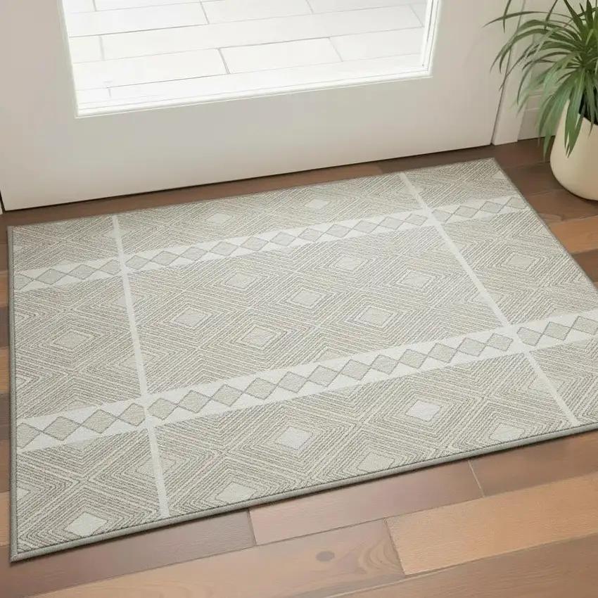Taupe And Beige Geometric Washable Area Rug With UV Protection Photo 2