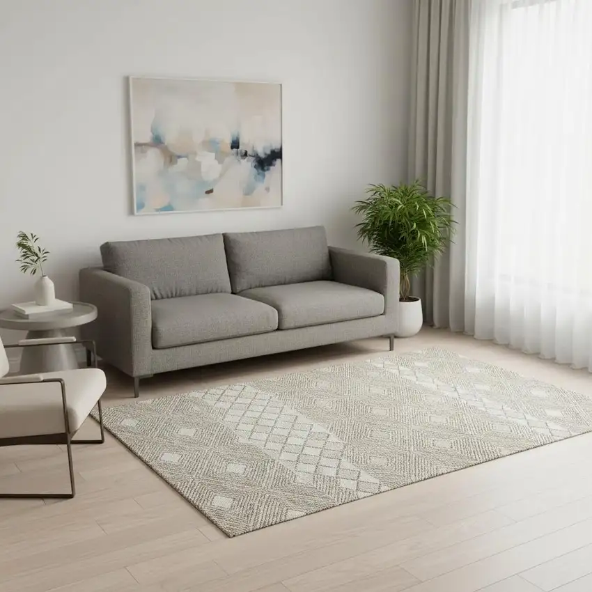 Taupe And Beige Geometric Washable Area Rug With UV Protection Photo 2