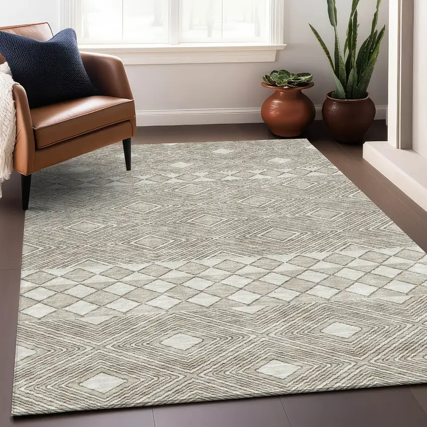 Taupe And Beige Geometric Washable Area Rug With UV Protection Photo 5