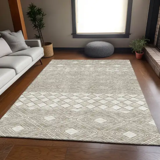 Taupe And Beige Geometric Washable Area Rug With UV Protection Photo 6