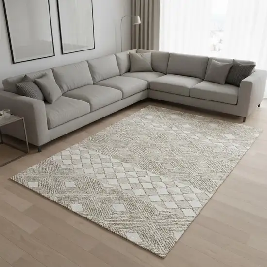 Taupe And Beige Geometric Washable Area Rug With UV Protection Photo 2
