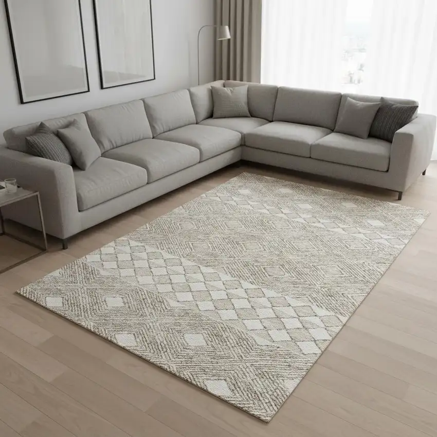 Taupe And Beige Geometric Washable Area Rug With UV Protection Photo 2