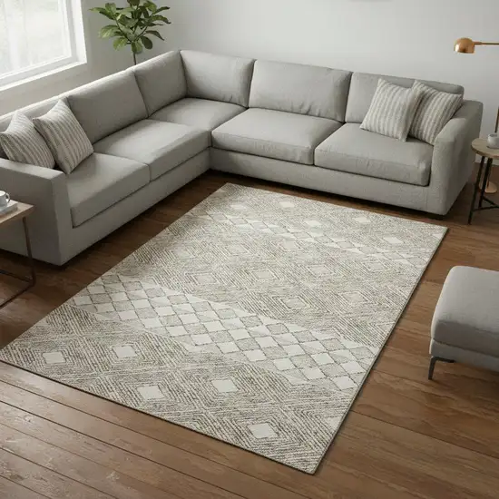Taupe And Beige Geometric Washable Area Rug With UV Protection Photo 2