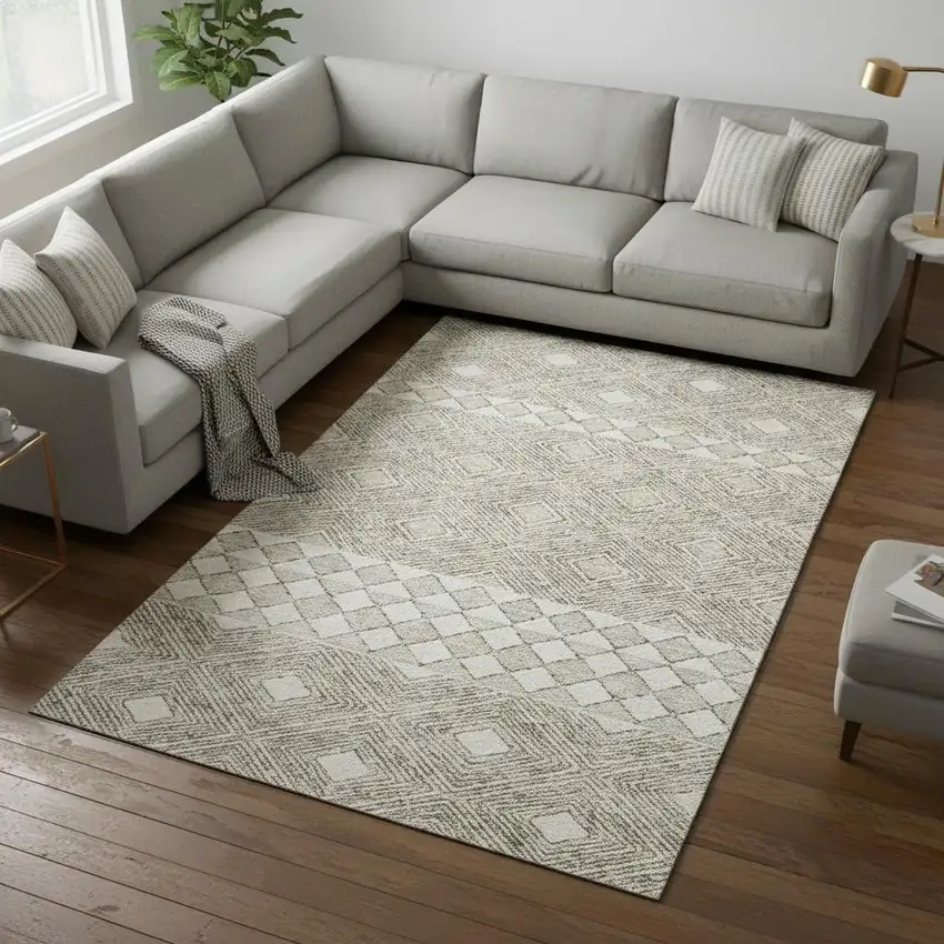 Taupe And Beige Geometric Washable Area Rug With UV Protection Photo 2