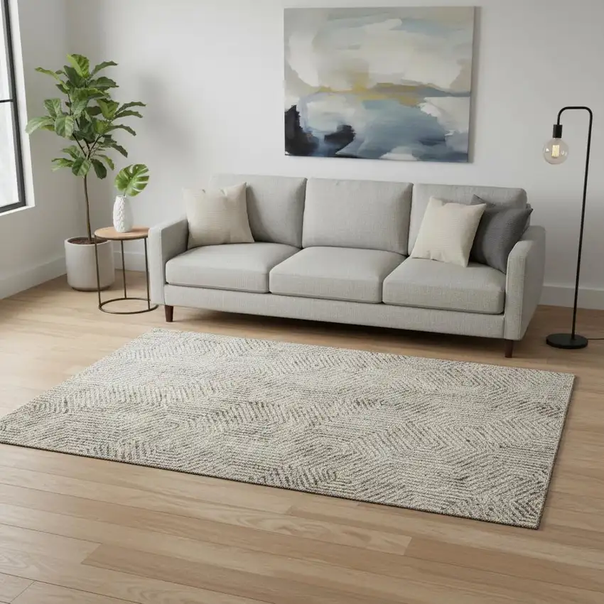 Taupe And Beige Geometric Washable Area Rug With UV Protection Photo 2