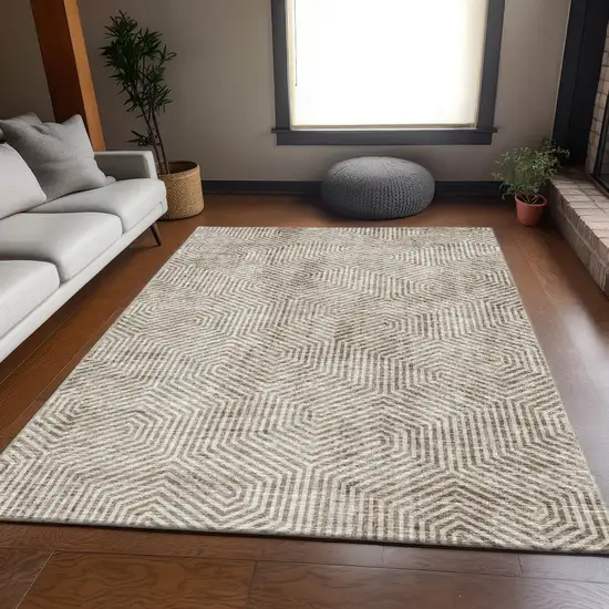 Taupe And Beige Geometric Washable Area Rug With UV Protection Photo 6