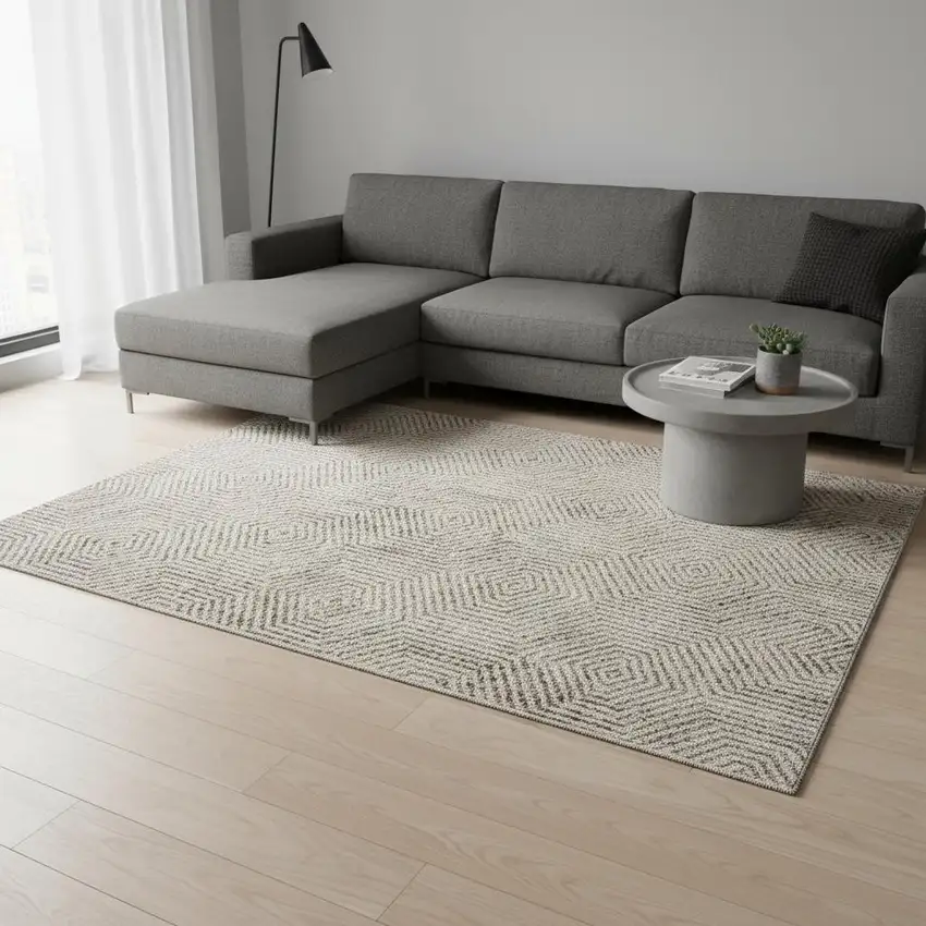 Taupe And Beige Geometric Washable Area Rug With UV Protection Photo 2