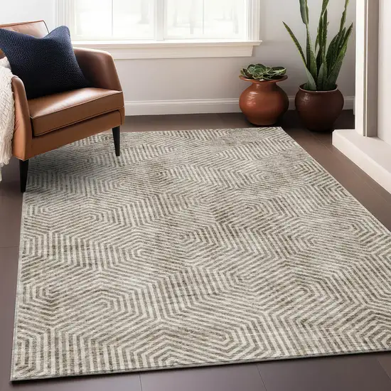 Taupe And Beige Geometric Washable Area Rug With UV Protection Photo 5