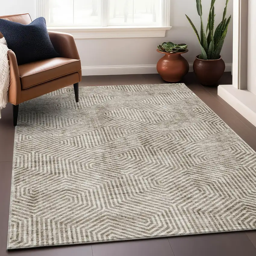 Taupe And Beige Geometric Washable Area Rug With UV Protection Photo 5