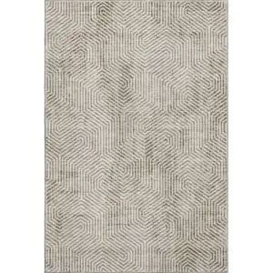 Photo of Taupe And Beige Geometric Washable Area Rug With UV Protection