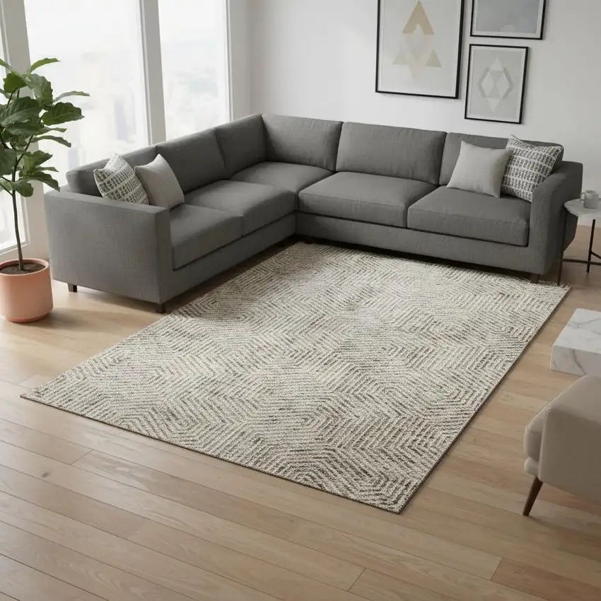 Taupe And Beige Geometric Washable Area Rug With UV Protection Photo 2