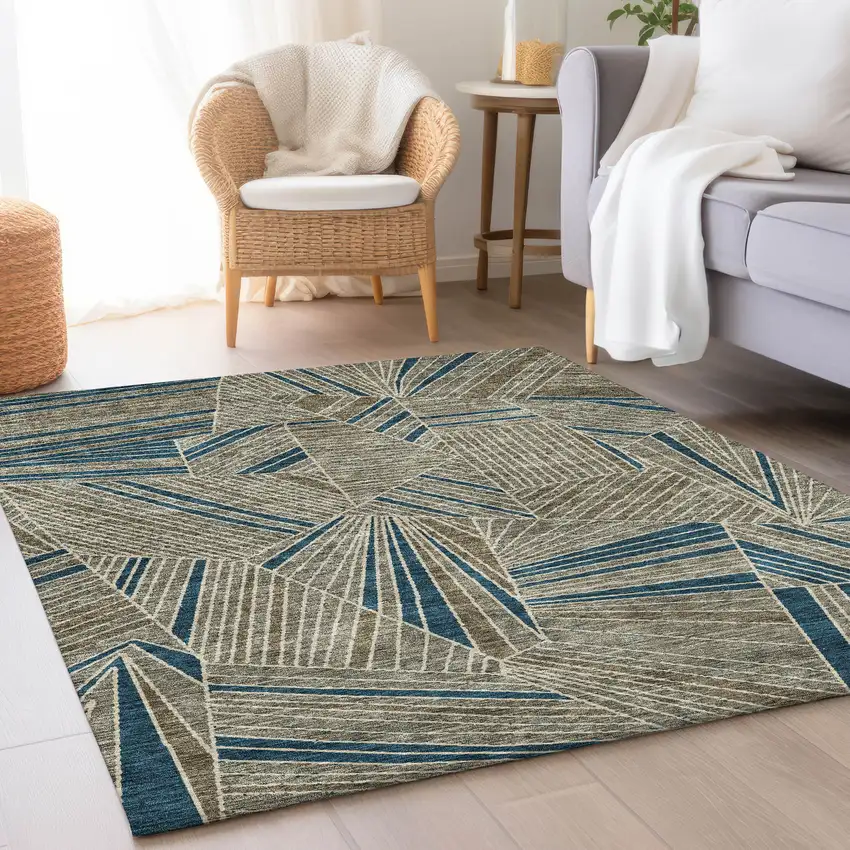 Taupe And Beige Geometric Washable Area Rug With UV Protection Photo 5