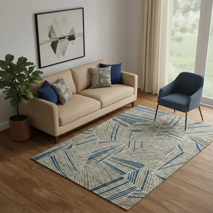 Taupe And Beige Geometric Washable Area Rug With UV Protection Photo 1