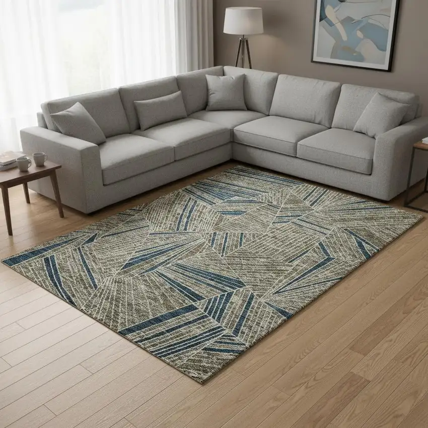 Taupe And Beige Geometric Washable Area Rug With UV Protection Photo 2