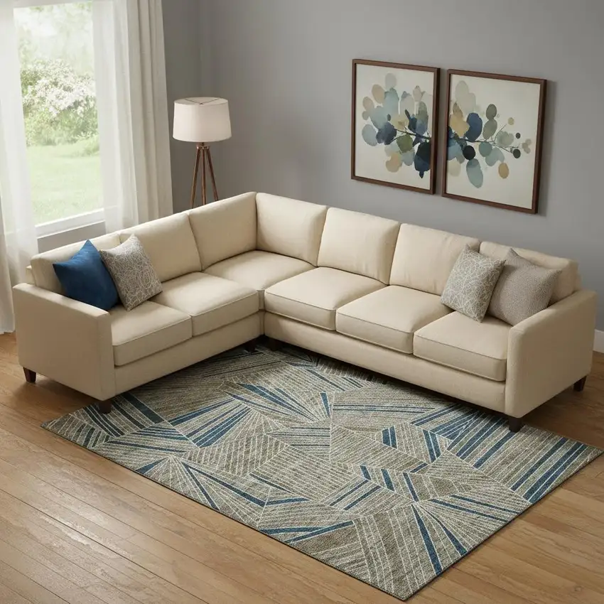 Taupe And Beige Geometric Washable Area Rug With UV Protection Photo 1