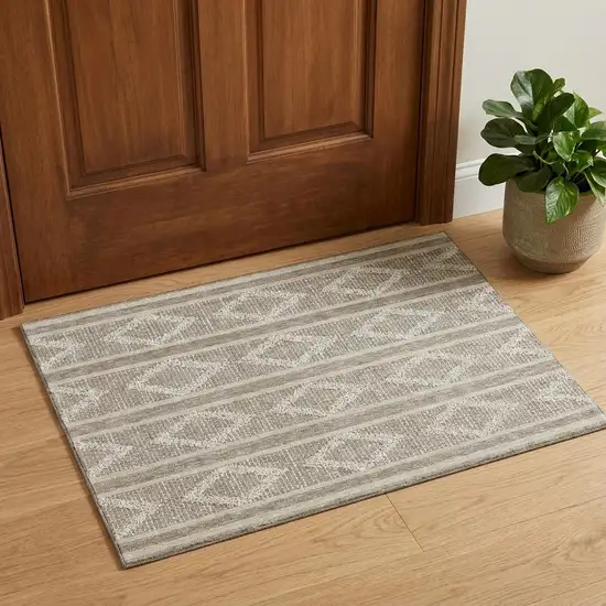 Taupe And Beige Geometric Washable Area Rug With UV Protection Photo 1