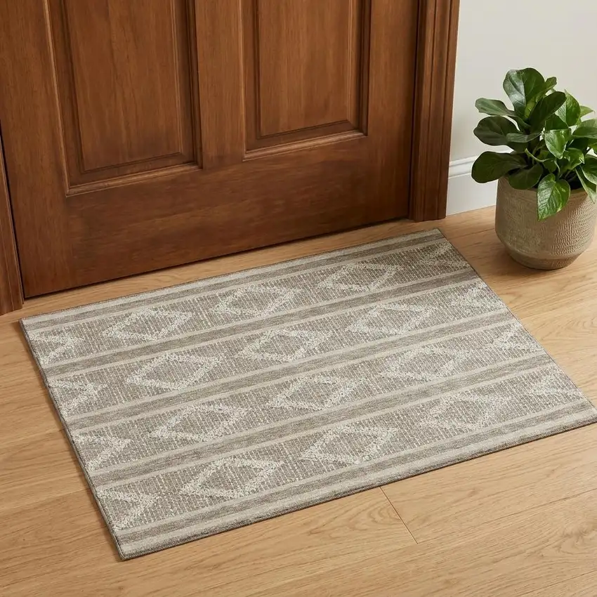 Taupe And Beige Geometric Washable Area Rug With UV Protection Photo 1