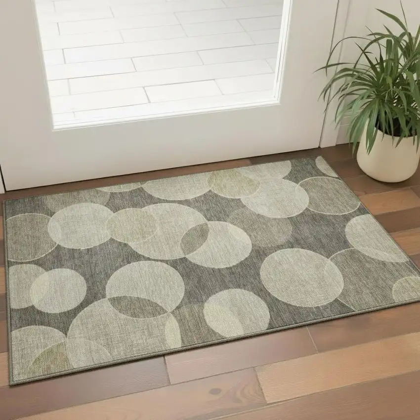 Taupe And Beige Geometric Washable Area Rug With UV Protection Photo 2