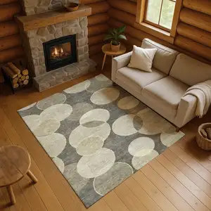 Photo of Taupe And Beige Geometric Washable Area Rug With UV Protection