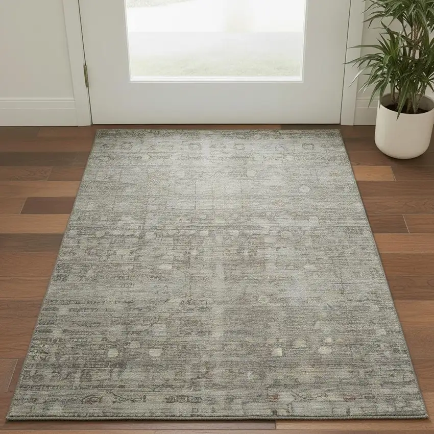 Taupe And Beige Geometric Washable Area Rug With UV Protection Photo 2