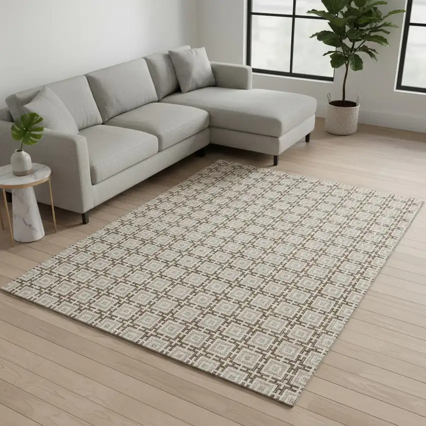 Taupe And Beige Geometric Washable Area Rug With UV Protection Photo 1