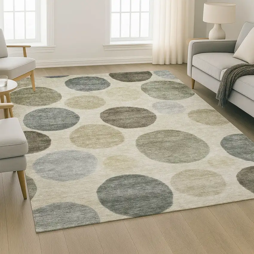 Taupe And Beige Geometric Washable Area Rug With UV Protection Photo 6