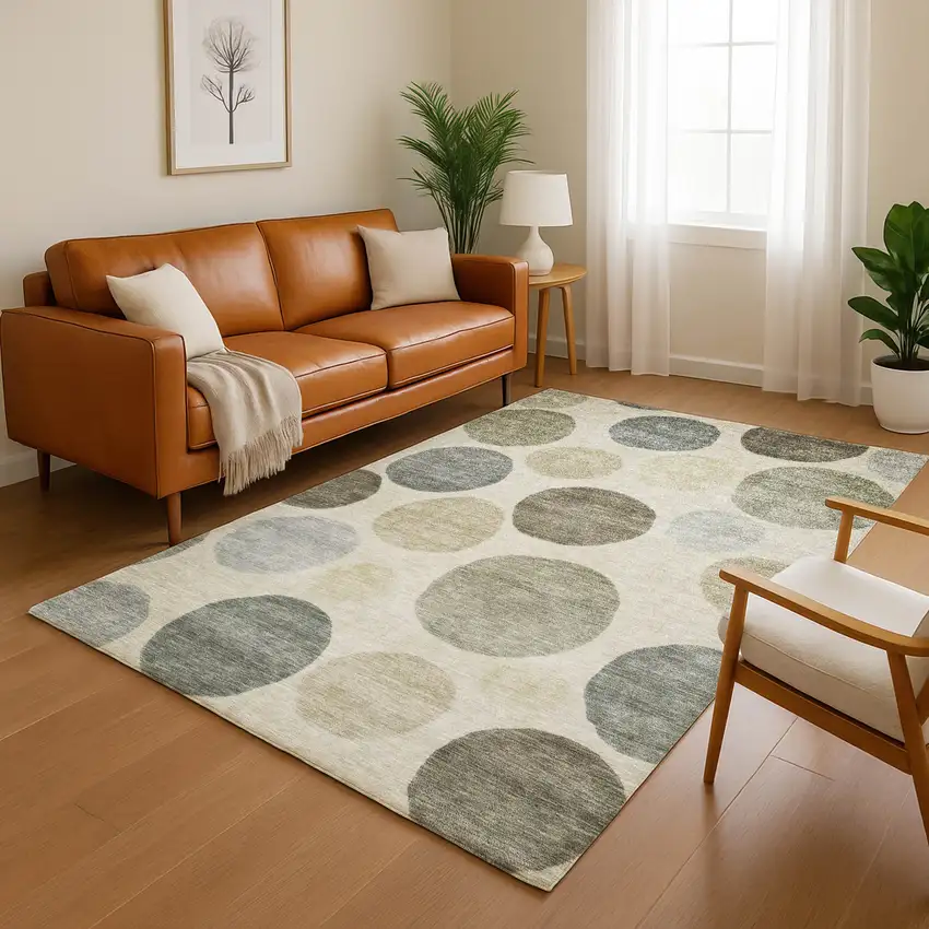 Taupe And Beige Geometric Washable Area Rug With UV Protection Photo 5