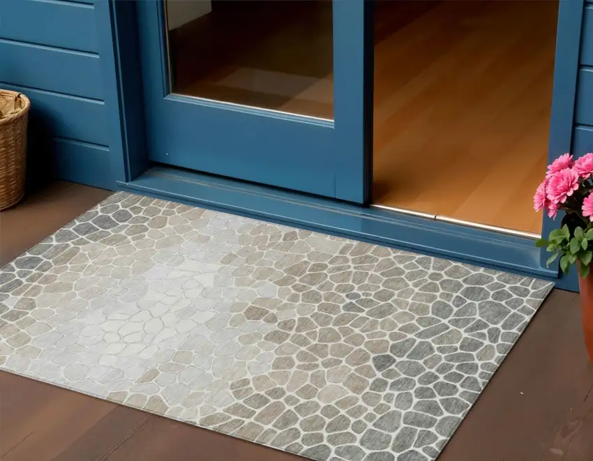 Taupe And Beige Geometric Washable Indoor Outdoor Area Rug Photo 2