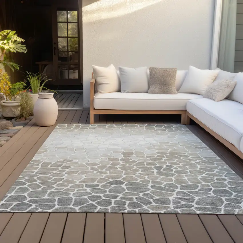 Taupe And Beige Geometric Washable Indoor Outdoor Area Rug Photo 6