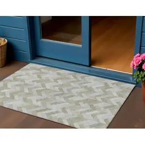 Photo of Taupe And Beige Geometric Washable Indoor Outdoor Area Rug