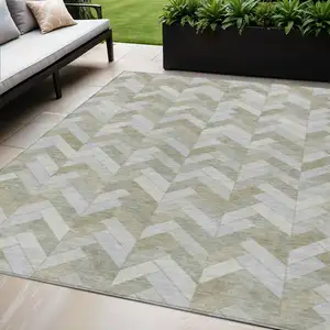Photo of Taupe And Beige Geometric Washable Indoor Outdoor Area Rug