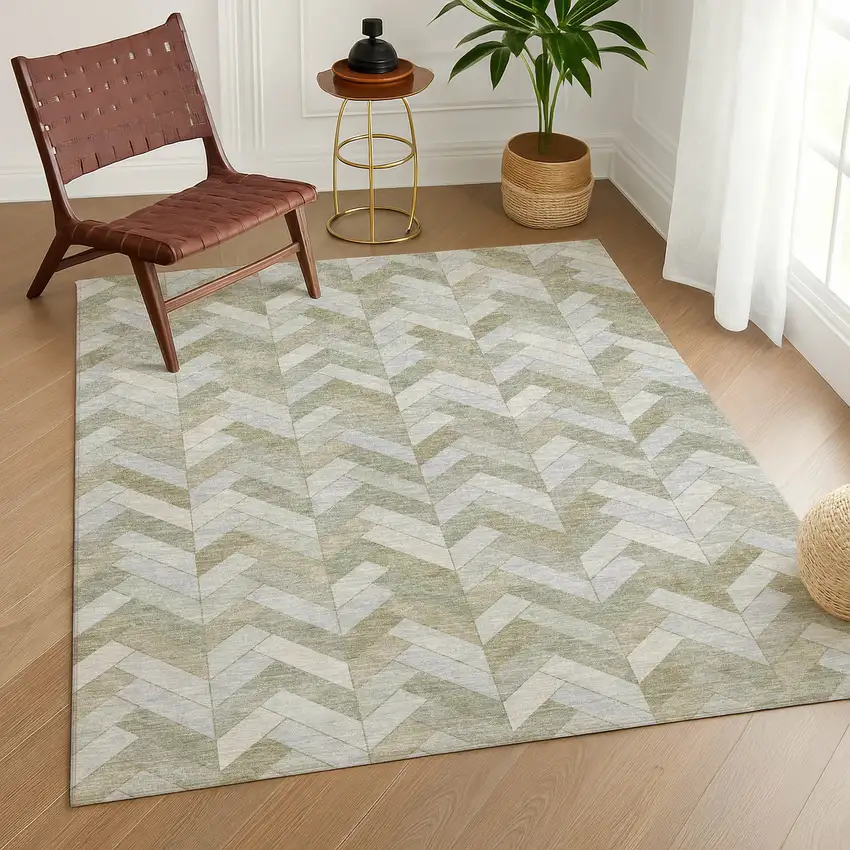 Taupe And Beige Geometric Washable Indoor Outdoor Area Rug Photo 9