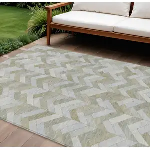 Photo of Taupe And Beige Geometric Washable Indoor Outdoor Area Rug