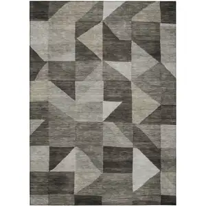 Photo of Taupe And Beige Geometric Washable Indoor Outdoor Area Rug