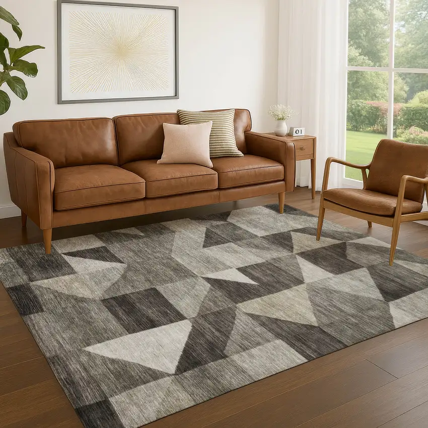 Taupe And Beige Geometric Washable Indoor Outdoor Area Rug Photo 4